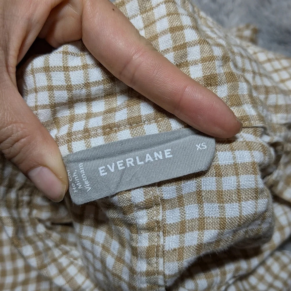 Everlane 100% Linen Dress Plaid Cream Tan Mini Short Sleeve XS Shirtdress Pocket - Picture 4 of 9